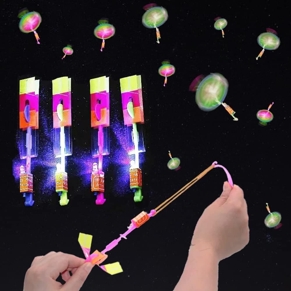 Estimable 50Pcs LED Flying Set(25 Slingshot+25 Helicopter) Flying Toy Outdoor Toys, Party Favors Glow in The Dark Party Supplies Birthday Gifts for Kids 8-12,4-8