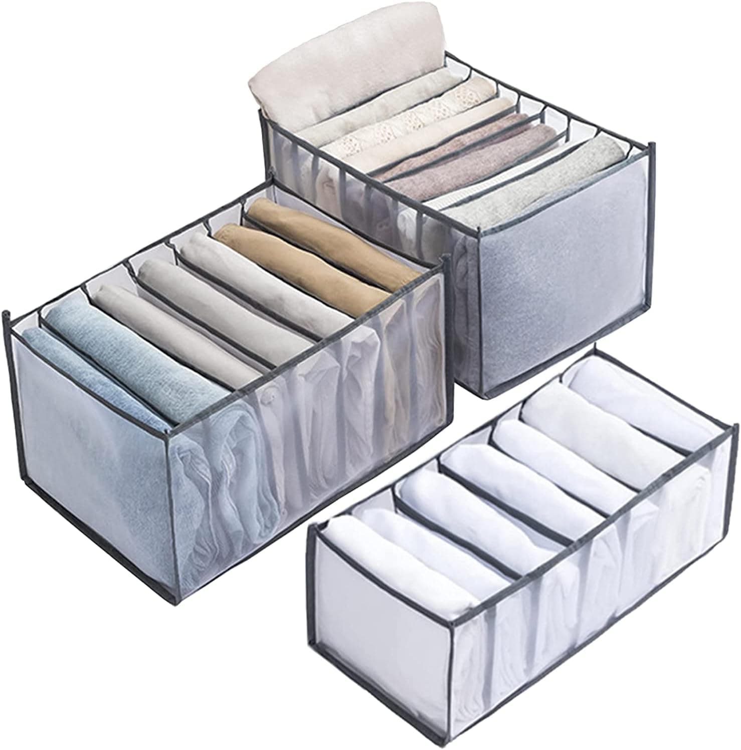 3PCS Washable Wardrobe Clothes Organizer,7 Grids Foldable Visible Closet Organizer Clothes Drawer Mesh Separation Box for T-Shirt,Legging,Skirts,Jeans,Kid Clothes
