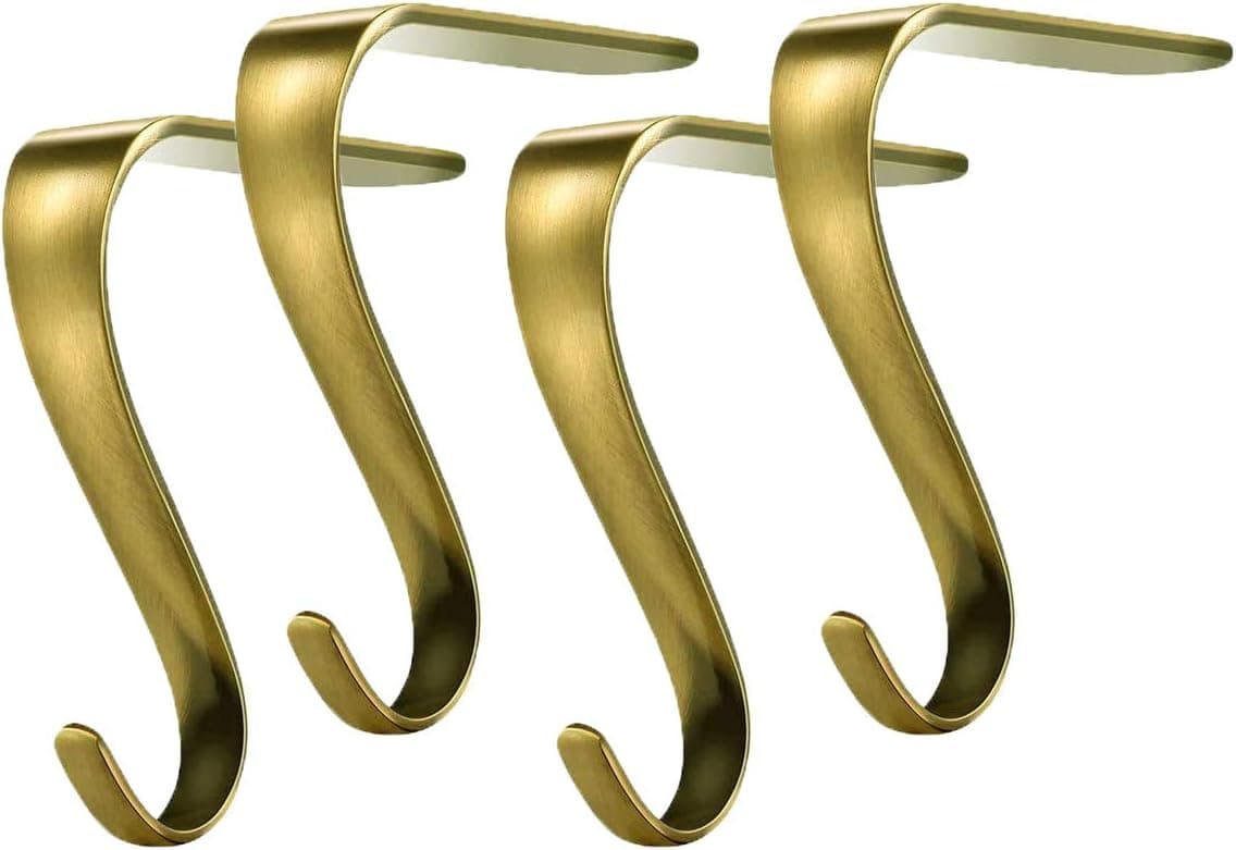 DAJAMAI 4 Pack Christmas Stocking Holders for Mantel Metal Stocking Hangers for Fireplace Stocking Hooks Set Non-Slip Fireplace Hook for Christmas Party Decoration (Stocking Holder - Bronze)