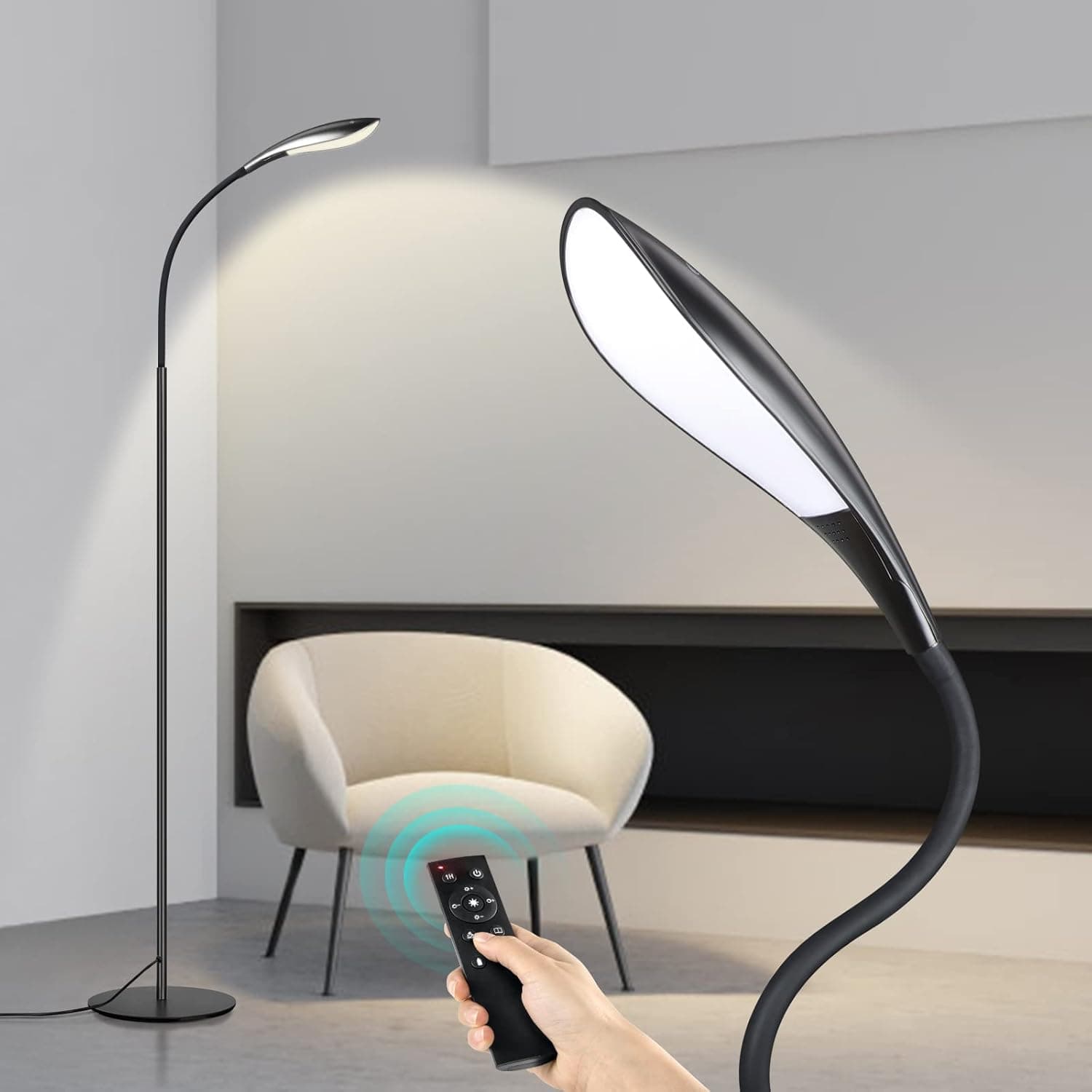 OUTON LED Floor Lamp, 12W 1080LM, Dimmable Adjustable Gooseneck Standing Lamp with 4 Color Temperature, Remote & Touch Control, 1H Timer, Memory Function for Reading Living Room Bedroom Office (Black)