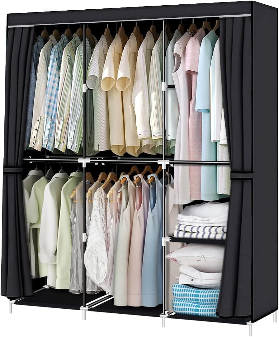 YOUUD Portable Closet 50 Inch Wardrobe Closet for Hanging Clothes with Non-Woven Fabric Cover and Hanging Rods, Quick and Easy Assembly, Black