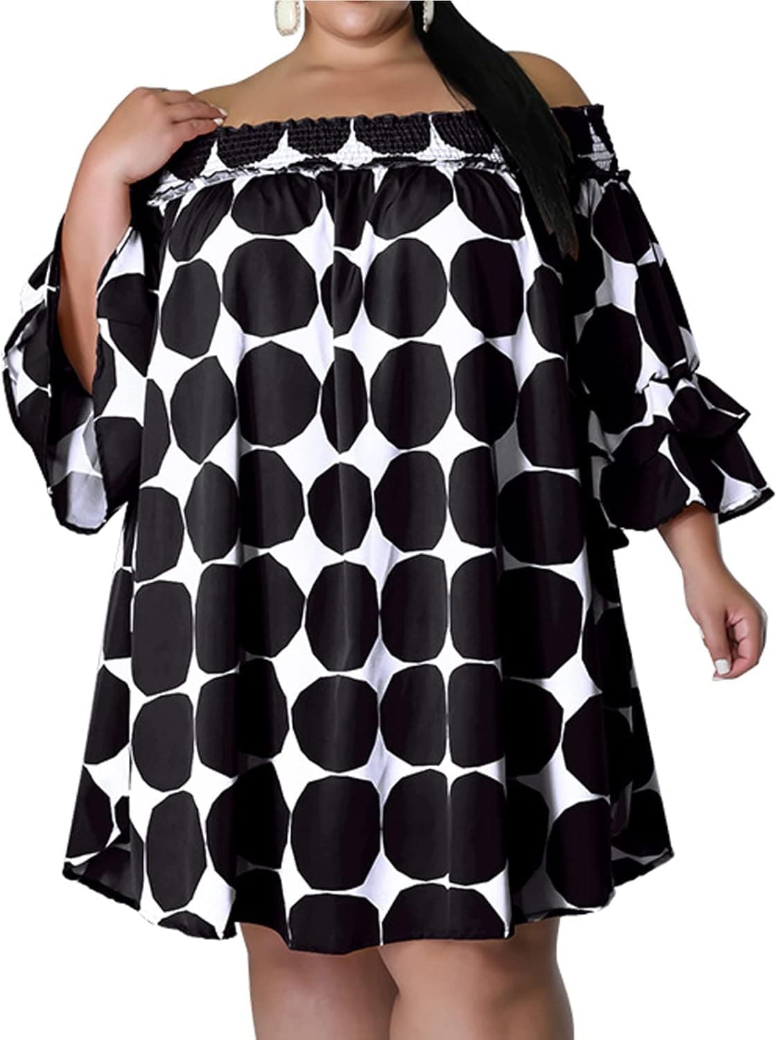 EDITCOZY Women Plus Size Off Shoulder Casual Dress Polka Dot Printed Trumpet Sleeve Midi Dress