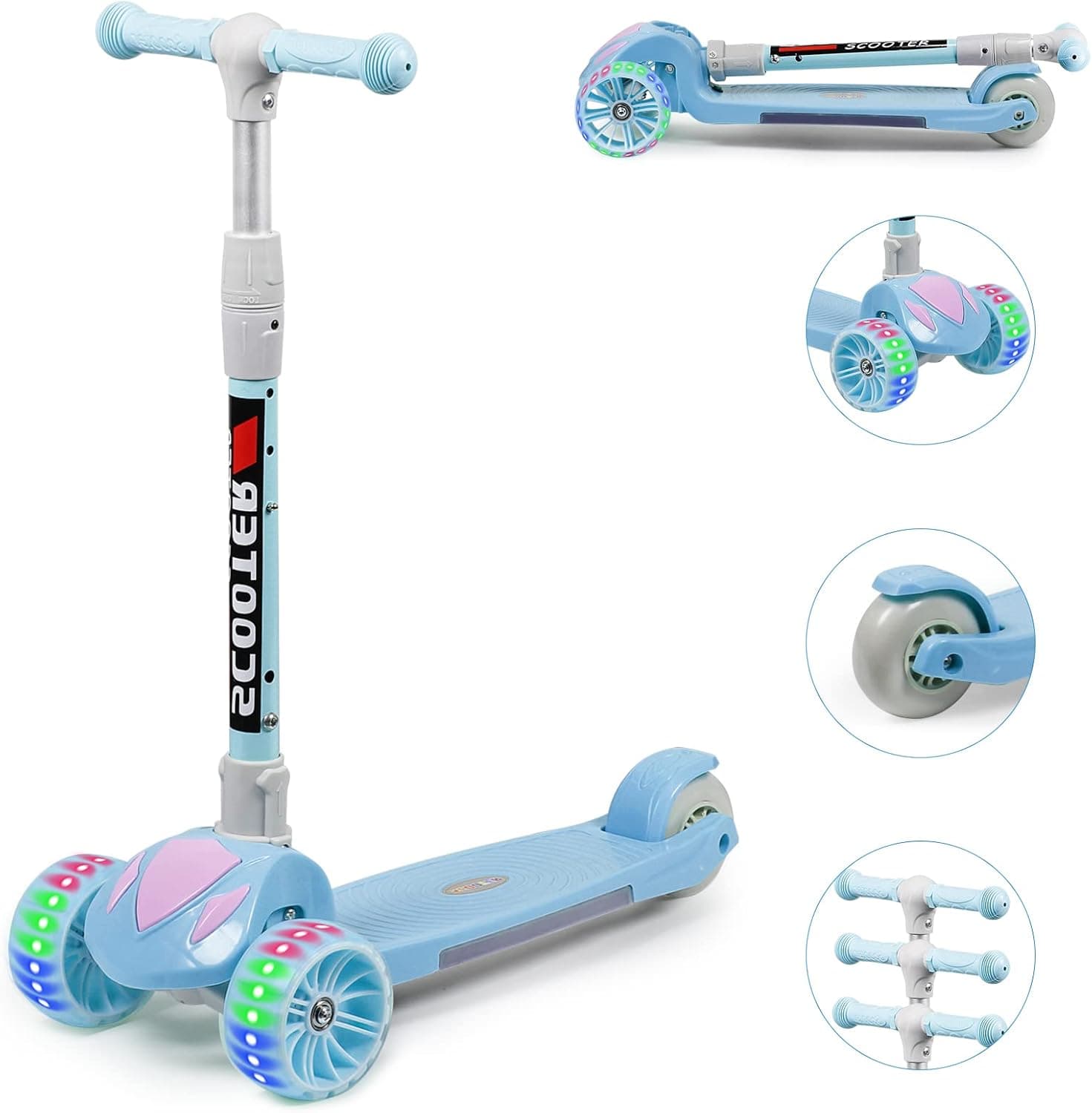 YHR Toddler Scooter for Kids Ages 3-12 - Light Up 3 Wheel Kids Scooters for Baby Girls Boys Age 2-5,3 Adjustable Heights,Extra Wide Deck,Lean to Steer Mini Kick Scooter Childrens Christmas Toys Gifts
