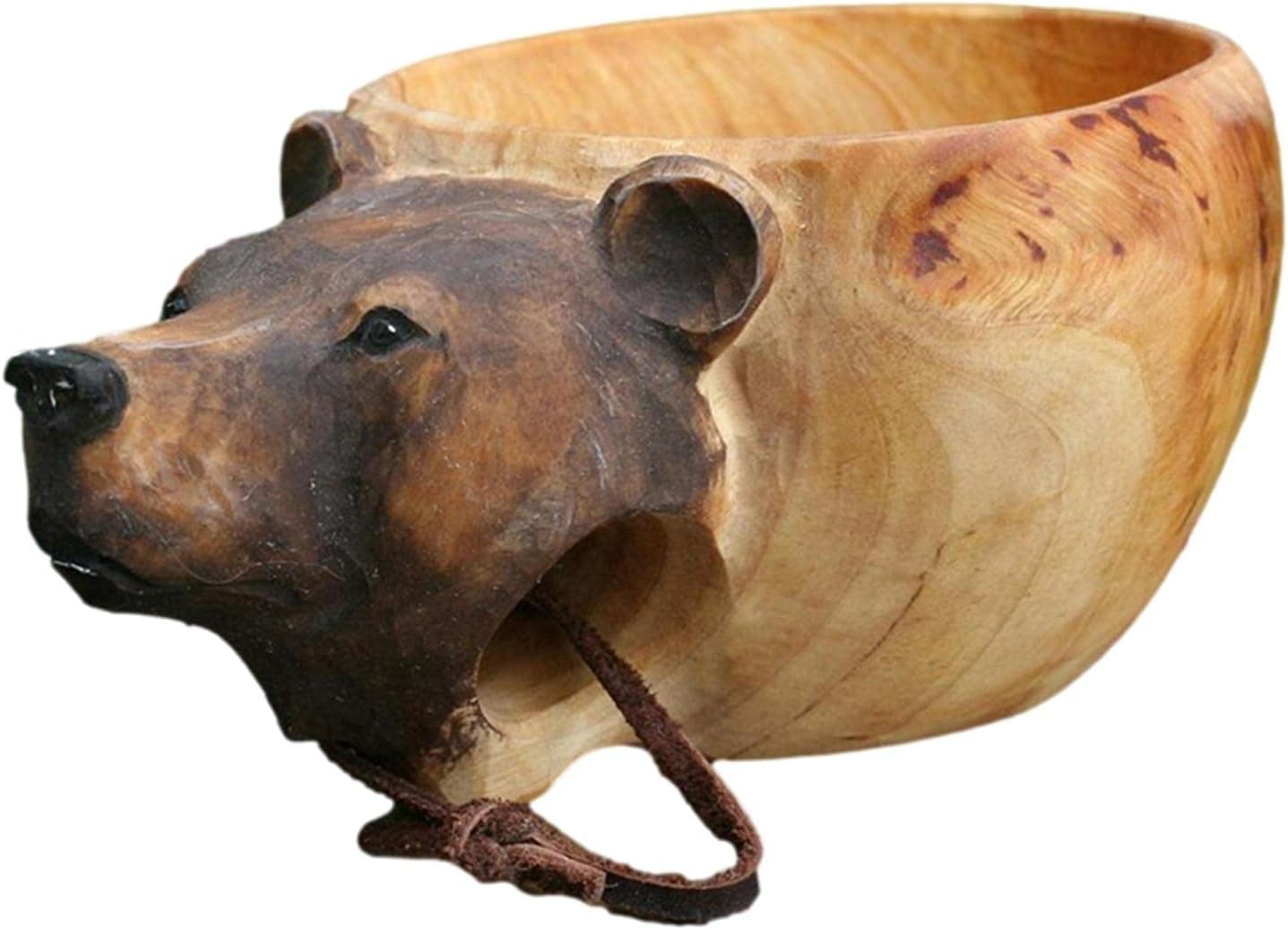 CHUWUJU Kuksa Hand-Carved Wooden Mug, Portable Wooden Cup with Lanyard for Coffee Tea Milk Wine Tea,Animal Head Camp Mug for Travelers Outdoor Camping Jungle Craft Gift