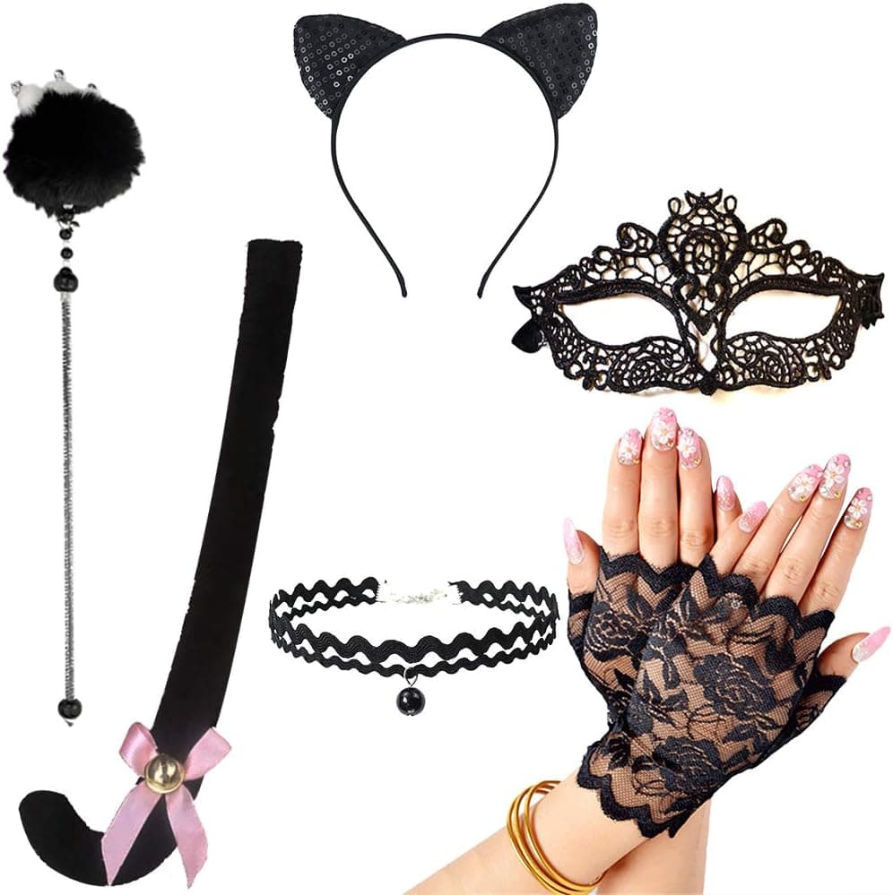 Halloween Black Cat Costume Set for Women Lace Eye Mask, Glitter Ears Headband, Catcher Teaser Stick, Gloves, Tail, Choker Necklace Cosplay Party Favors