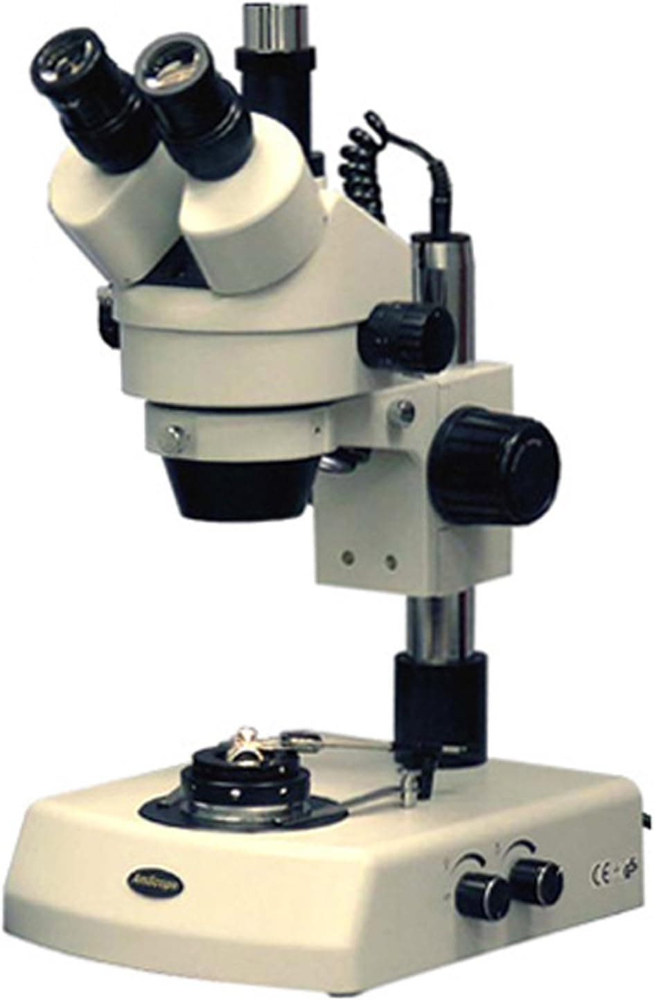 AmScope SM-2TZ-DK Professional Trinocular Stereo Zoom Microscope, WH10x Eyepieces, 3.5X-90X Magnification, 0.7X-4.5X Zoom Objective, Upper and Lower Halogen Lighting, Pillar Stand, 110V-120V, Includes Darkfield Condenser and 0.5X and 2.0X Barlow Lenses