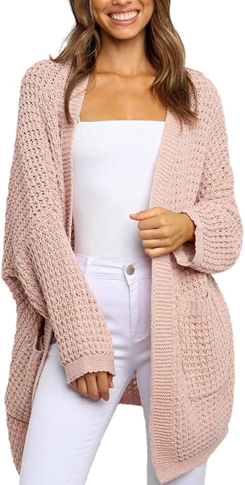 Gothden Women's Casual Open Front Cardigans Long Batwing Sleeve Chunky Cable Knit Sweaters Coat with Pockets