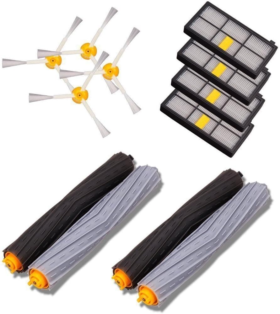 FixCracked Vacuum Cleaner Replacement Parts with Tangle-Free Debris Extractor& 4 Hepa Filters& 4 Side Brush Replacement Kit for iRobot Roomba 800/900 Series 870 880 980(2 Set)
