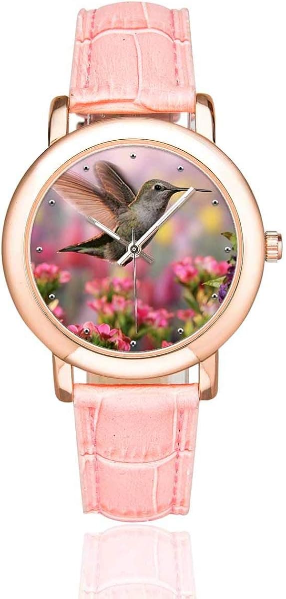 InterestPrint Vintage Humming Bird Women's Rose Gold-plated Watch Pink Leather Strap Wrist Watches