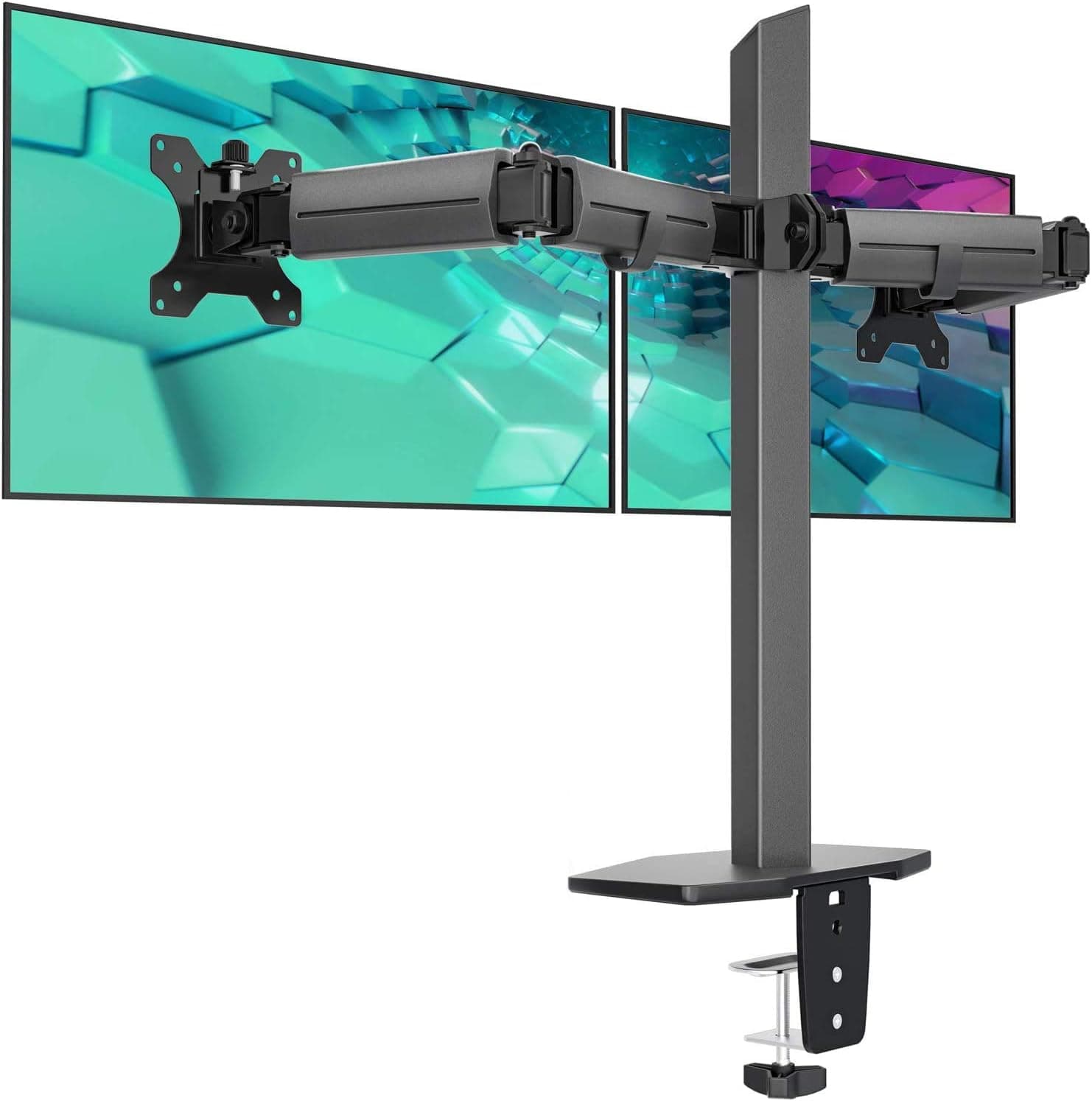EleTab Dual Monitor Stand - Heavy Duty Dual Arm Monitor Desk Mount Fully Adjustable, Fit 2/Two LCD Screens up to 27 Inch with C-Clamp and Grommet Base, Gray