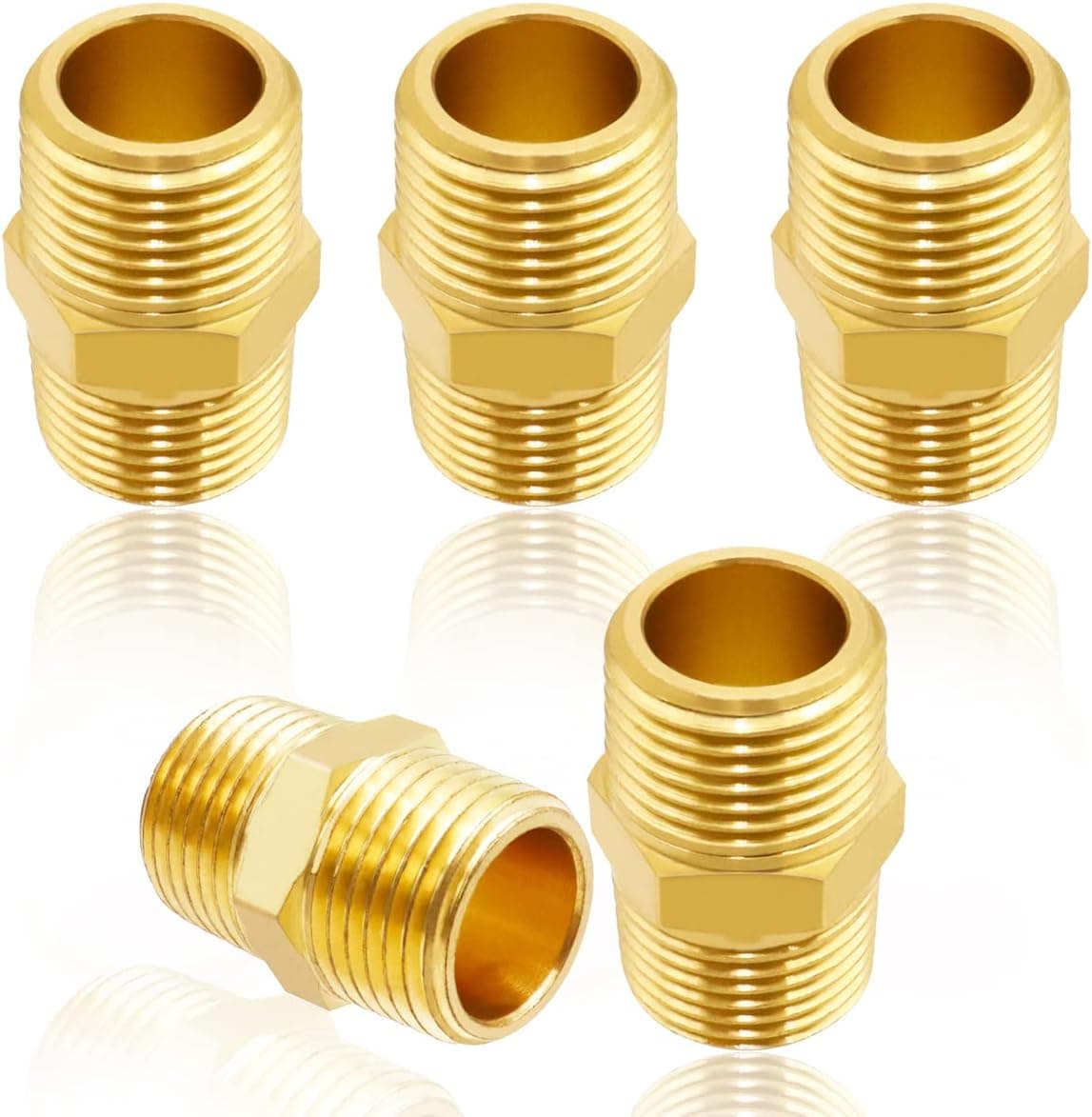 Dianrui 5PCS 1/2"x1/2" NPT Male Pipe Adapter,Heavy Brass Pipe Adapter Fittings,Hex Nipple Fit for Air pipe,Fuel Pipe and Water Pipe K-H-041-1/2 NPT-1/2 NPT