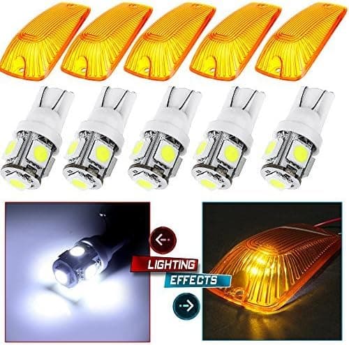 cciyu Cab Marker Light 5x T10-5-5050-SMD-WhiteTop Roof Running Bulbs 5x Amber Cab Marker Lens/Automotive Replacement Cab Marker Assembly Replacement fit for 1988-2000 For Chevy for GMC