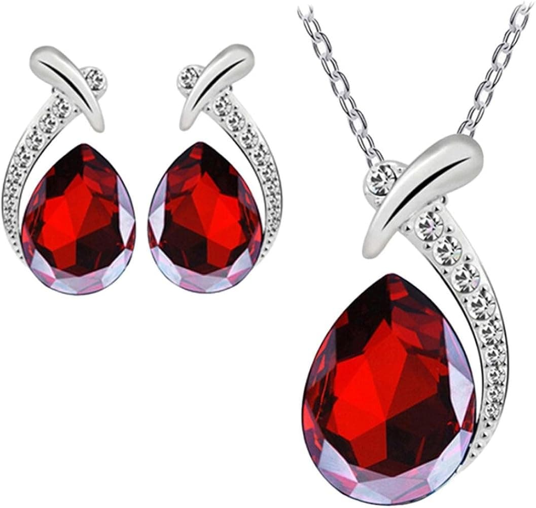 Sannysis Women Crystal Pendant Silver Plated Chain Necklace Stud Earring Jewelry Set
