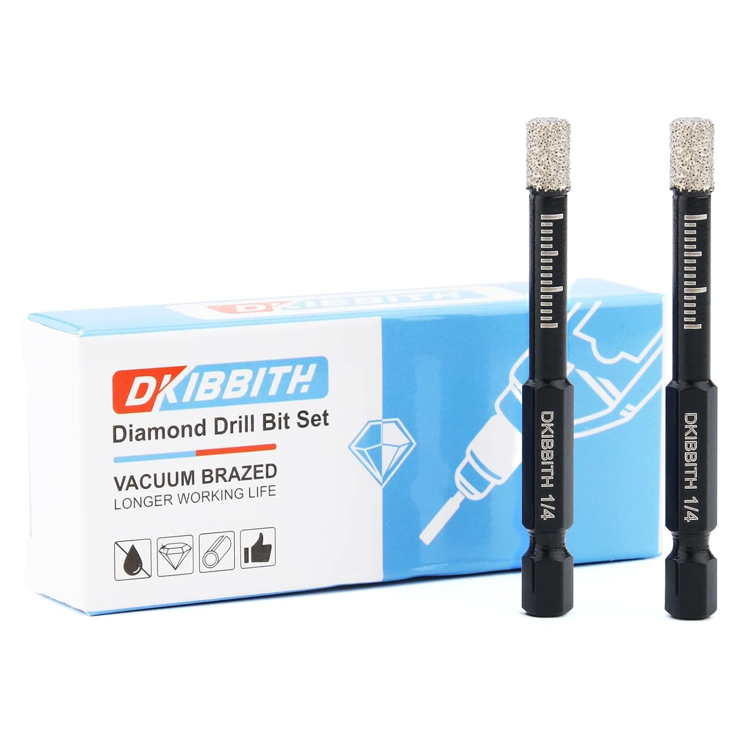 DKIBBITH 1/4''Dry Diamond Drill Bits Set of 2 for Granite Ceramic Marble Tile Stone Glass Hard Materials, with 6mm Quick Change Hex Shank, Storage Case