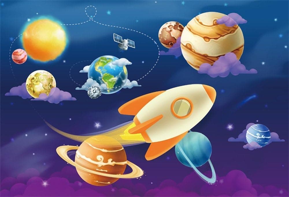 LFEEY 7x5ft Cartoon Space Background Solar System Earth Rocket Sun Planets Stars Satellite Photography Backdrop Kids Birthday Party Decoration Wallpaper Photo Studio Props