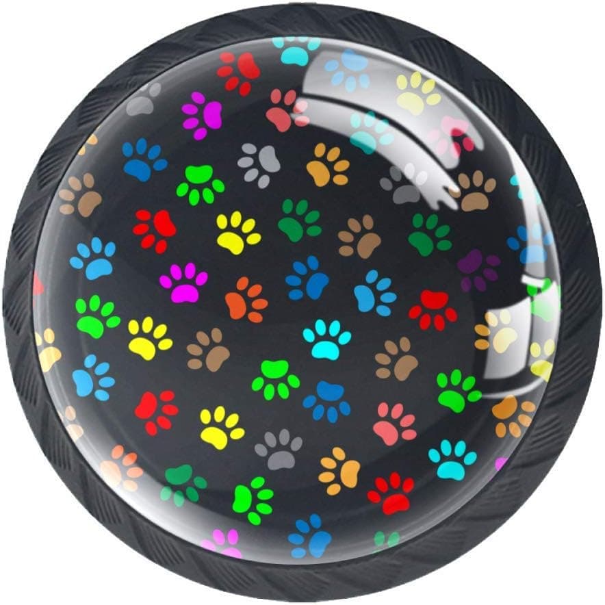 Cabinet Knobs Colored Dog Footprints Drawer Knobs Crystal Glass 4 Pieces Dresser Cupboard Furniture Pulls Hardware Round knob 1.38 in X 1.1 in