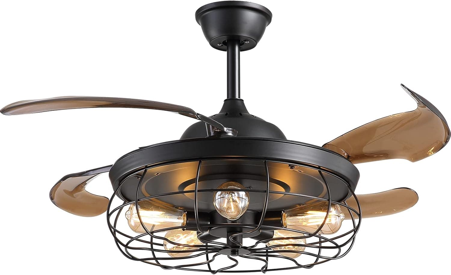 7PM Caged Ceiling Fan with Lights Remote Control, 42 Inch Industrial Retractable Blade Ceiling Fan, 6 Wind Speeds, Reversible Farmhouse Fandelier Chandelier Ceiling Fan for Bedroom, E26 Bulbs Base