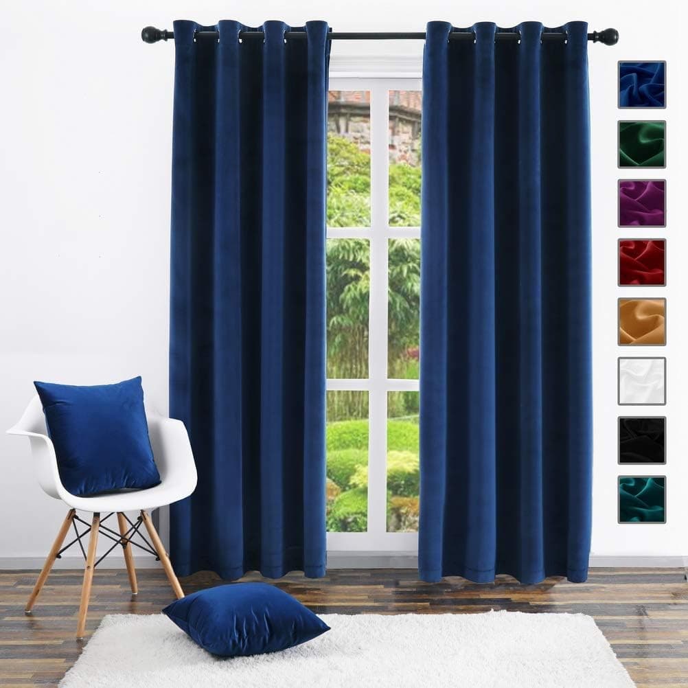 Twin Six Velvet Curtains, Blackout Curtains with Grommets for Bedroom Living Room Nursery Sliding Glass Door Window Curtain Panel with 2 pcs Pillow Cases (Set of 2 Panels, 52 by 63 Inch, Navy Blue)