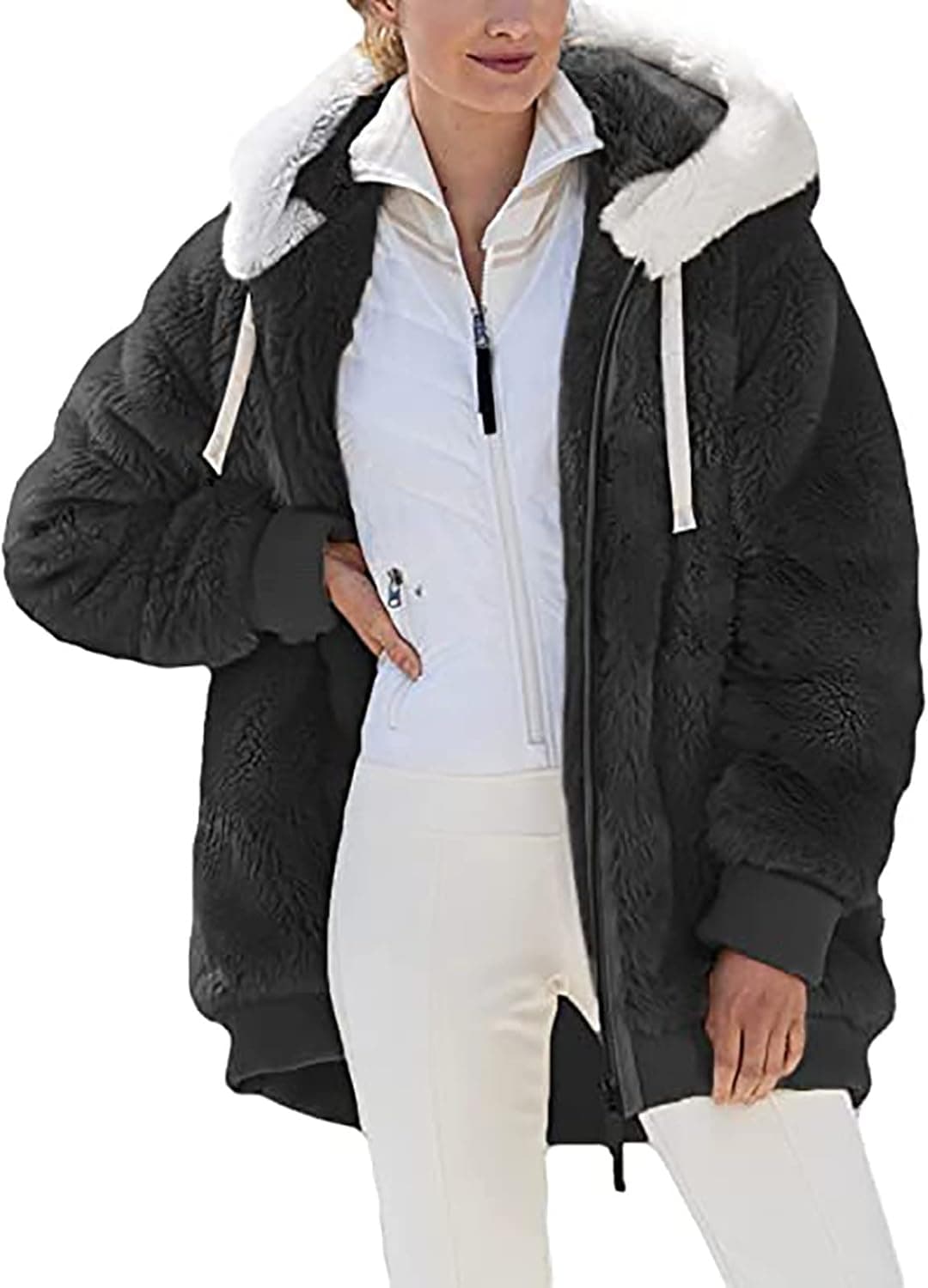 Womens Winter Coat Full Zip Up Hooded Jacket Casual Warm Plush Long Sleeve Fashion Striped Plus Size Overcoat
