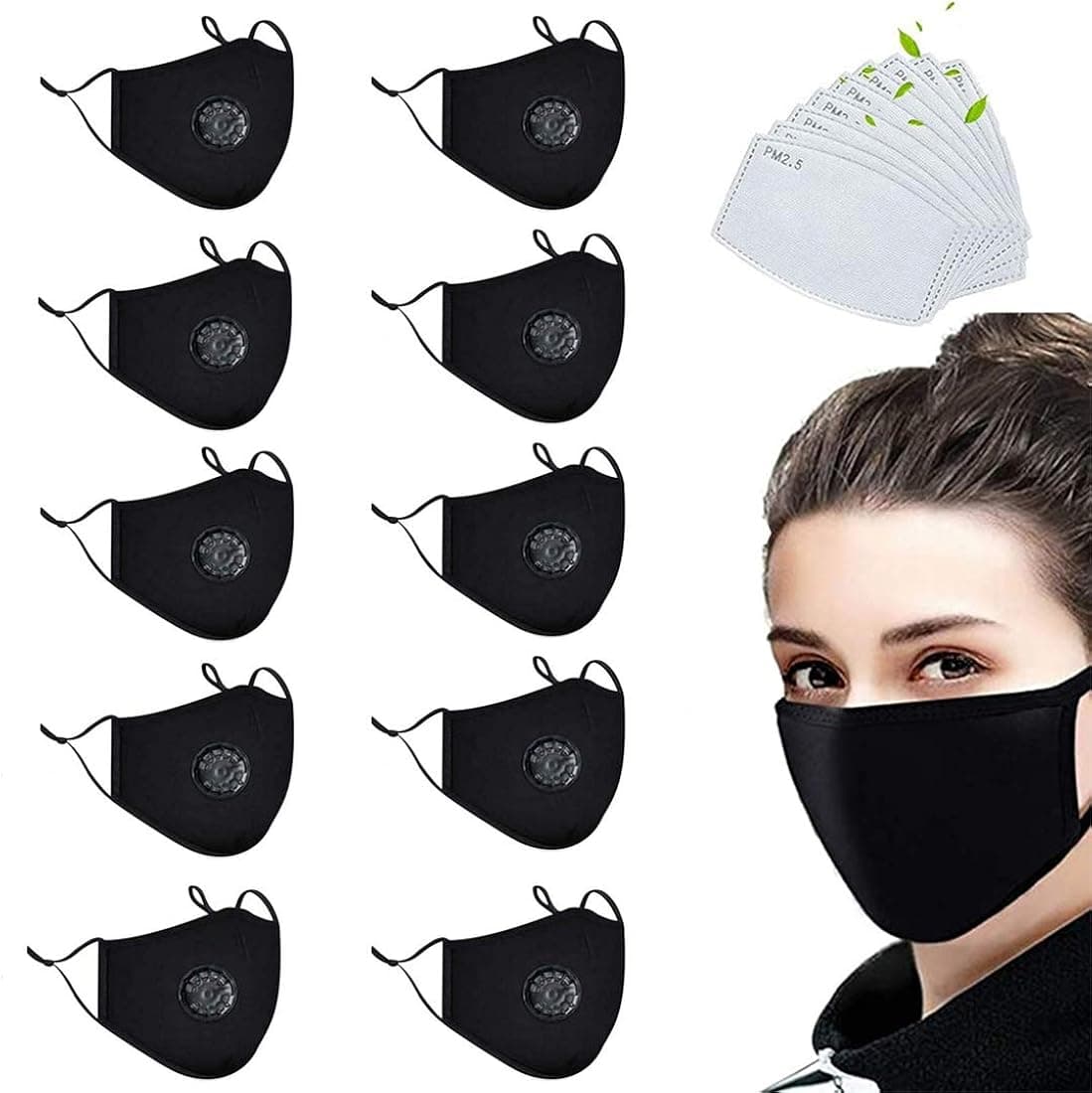 10 Pack Protective Face Mask with 20 Cotton Filter Sheet,Washable Reusable Protection Cover with Breathing Valve-Black