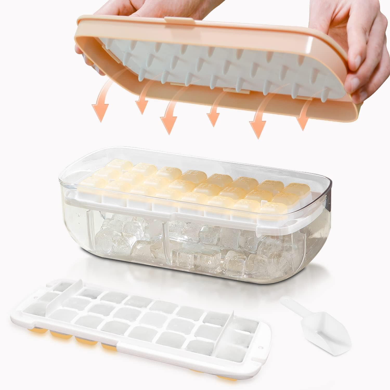 Ice Cube Tray, Silicone Ice Trays for Freezer with Lid and Bin, One Second Release All Ice Cubes,Comes with Press Plate,Scoop(2 trays can make 48 ice cubes)