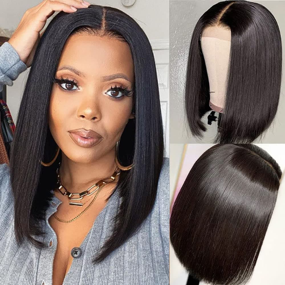 Bob Wig Human Hair 4x4 Lace Front Wigs Human Hair Swiss Lace closure Bob Wigs for Black Women Human Hair 180% Density Short Straight Bob Wig Pre Plucked Brazilian Virgin Human Hair with Baby Hair (14inch)
