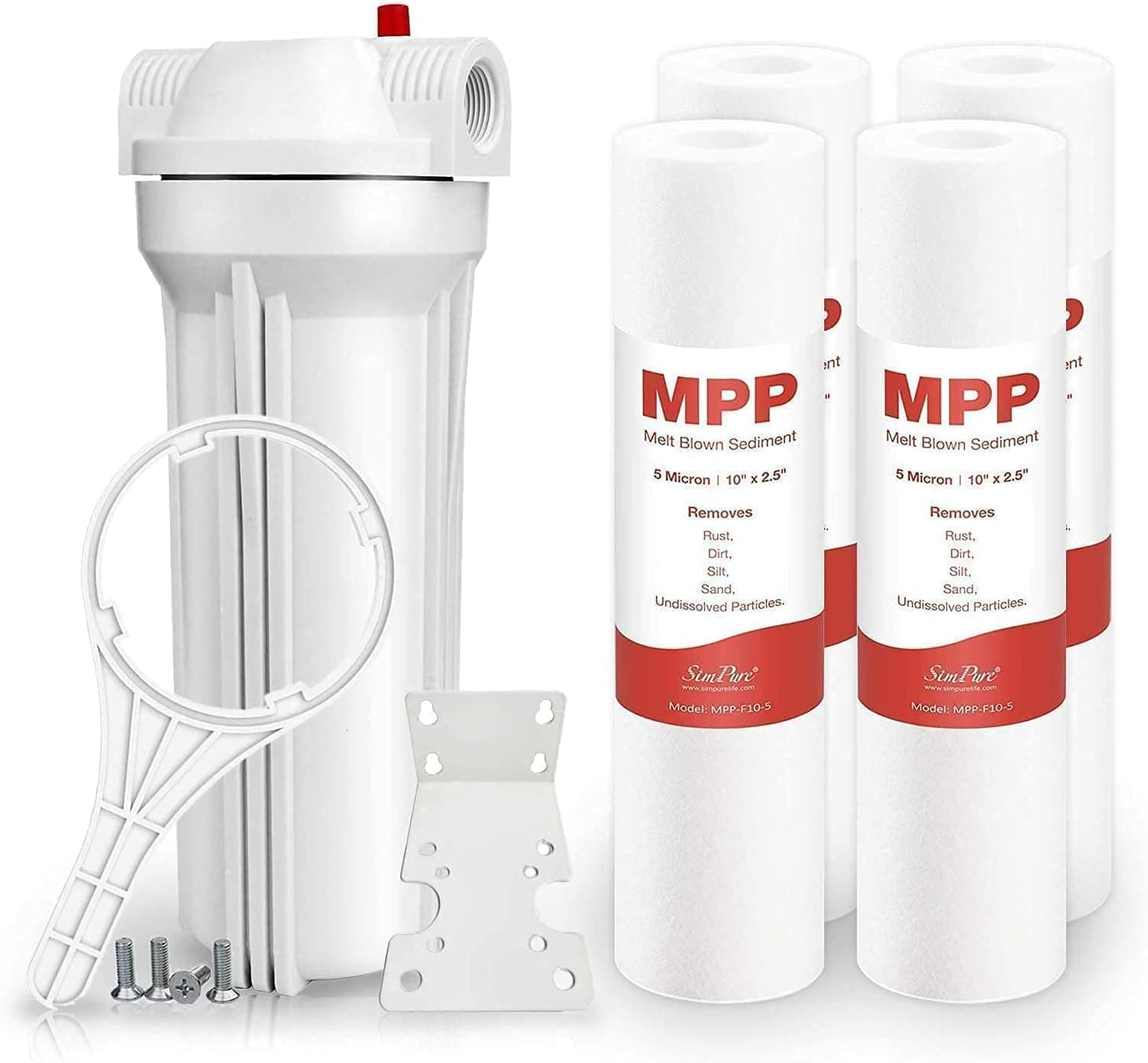 SimPure Whole House Water Filter Housing Kit 10-Inch (1-Set), 5 Micron 10" x 2.5" PP Sediment Water Filters (4-Pack)