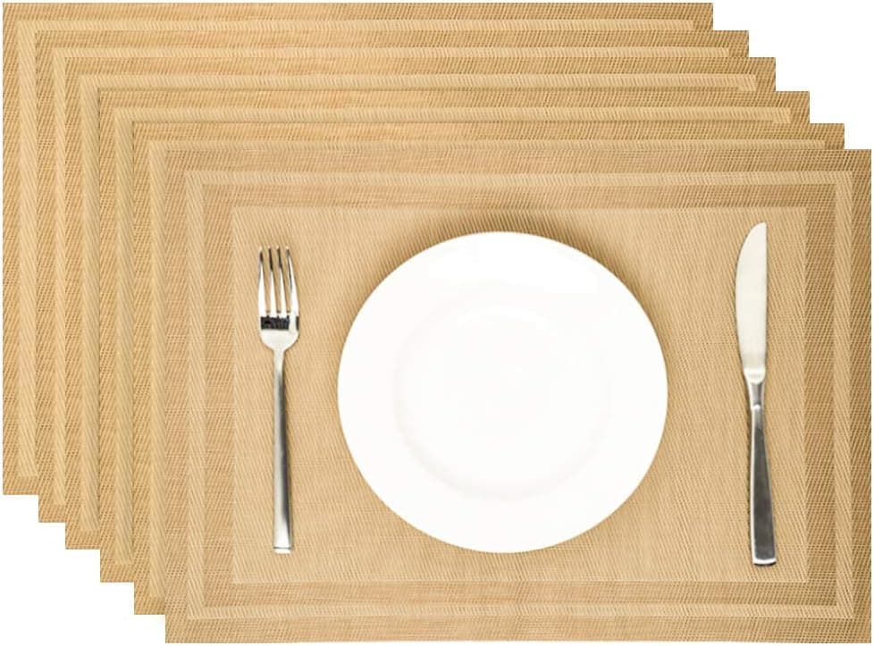 Leetaltree Placemats, Heat Resistant Non-Slip Place mats for Dining Table, Washable Durable PVC Vinyl Woven Table Mats (Set of 6, Light Sand)