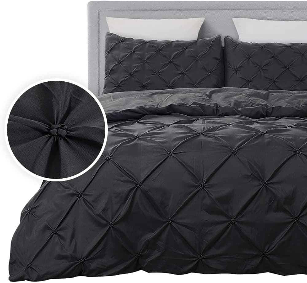 Vaulia Soft Microfiber Duvet Cover Set, Pintuck Pinch Pleat Pattern Design, Black Color - King