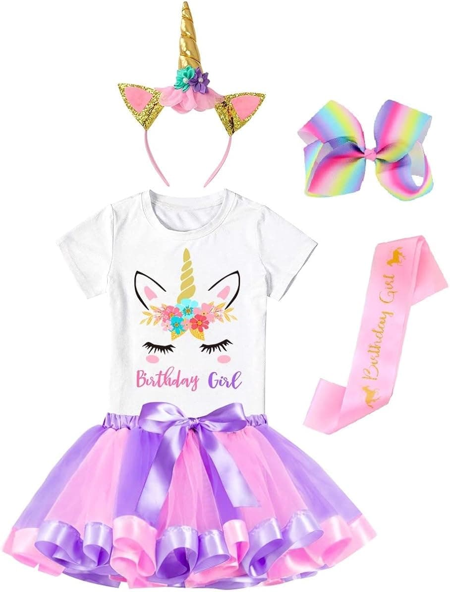 Doctor Unicorn Birthday Girls Outfit Set Tutu Skirt Dress, Unicorn Shirt, Headband & Satin Sash