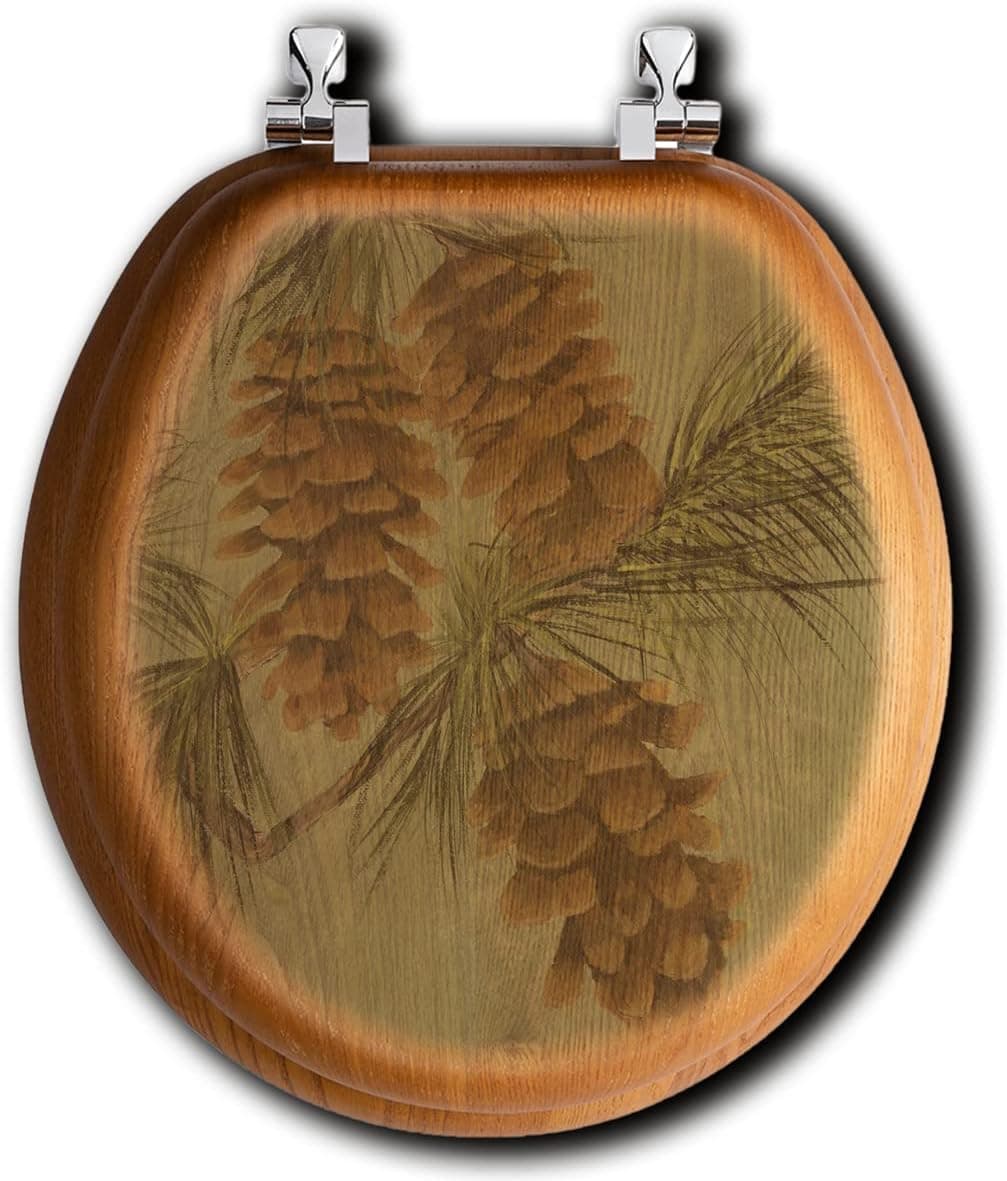 House & Homebody Co. Round Toilet Seat, Oak Veneer, Outdoor Image (Pine Cone)