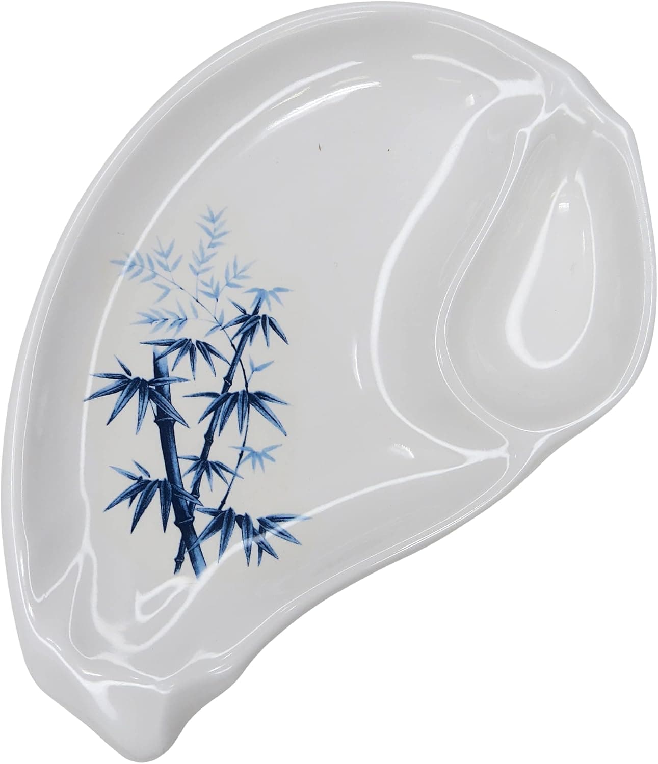Unique Japanese White Melamine Divided Plate with Bamboo Design, Sushi and H'orderves Serving Platter for Meals, 8.25 x 5.5 Inches