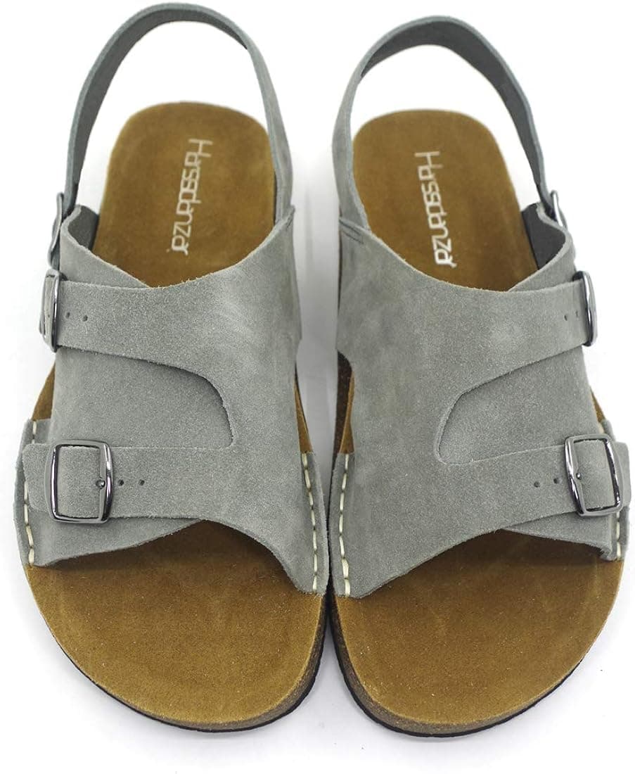 Harssidanzar Men Leather Cork Sandals with Buckle Casual Leather Slide Sandals GM207