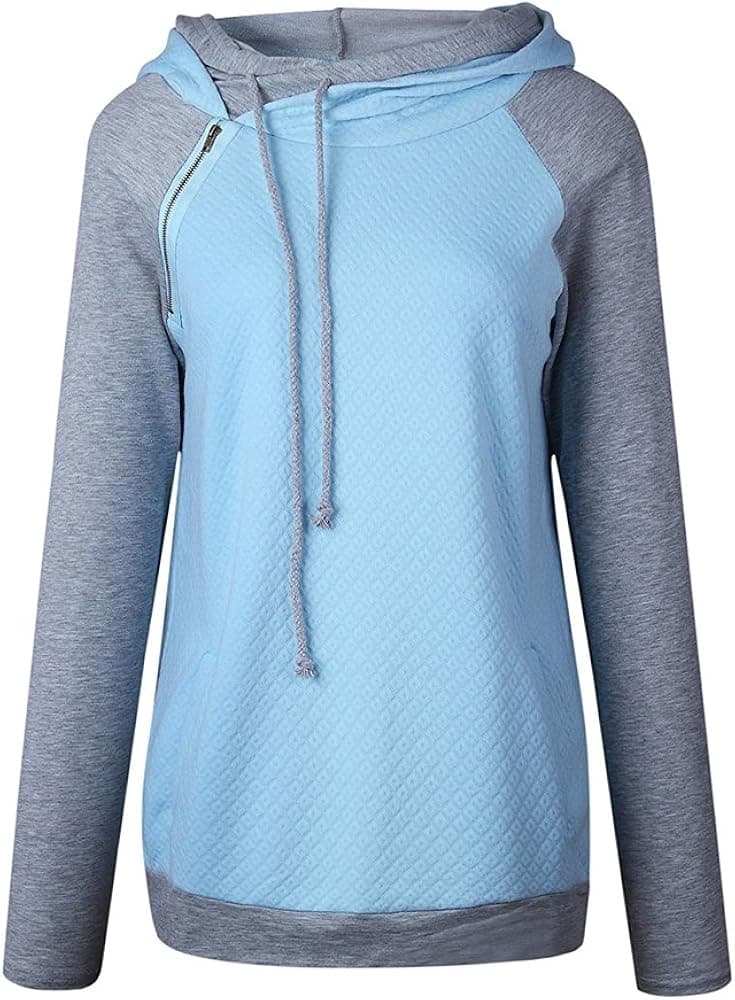 Hoodies for Women Oblique Zipper Sweatshirts Long Sleeve Hooded Tops Spliced Color Casual Pullover