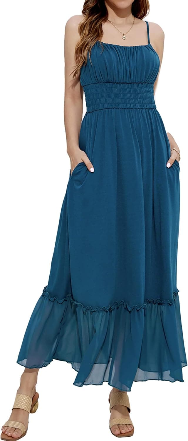 GRACE KARIN Womens Summer Maxi Dress Casual Sleeveless Spaghetti Strap Smocked Ruffle A Line Beach Long Dress with Pockets