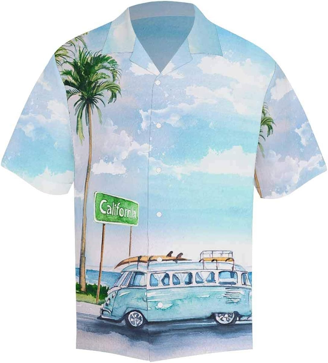 InterestPrint Beach Palm Trees and Retro Bus Shirt Summer Short Sleeve Shirts