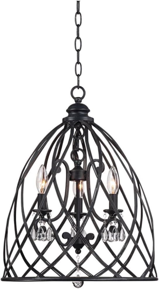 Franklin Iron Works Bell Cage Black Pendant Chandelier Lighting 16" Wide Farmhouse Industrial Rustic Crystal 3-Light Fixture for Dining Room Living House Home Foyer Kitchen Island Entryway Bedroom