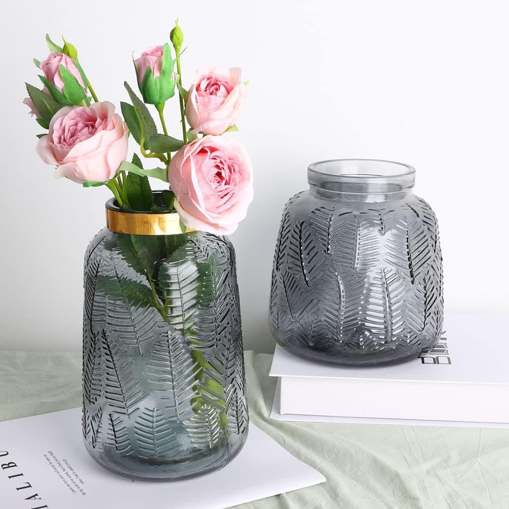 2 Pack Gray Glass Vase Clear Flowers Vase Modern Simple Style Decorative Vase Set for Rose Bouquet Flower Centerpieces Table Indoor Outdoor Home Decors Wedding Birthday Decoration Vases Ornament Bulk