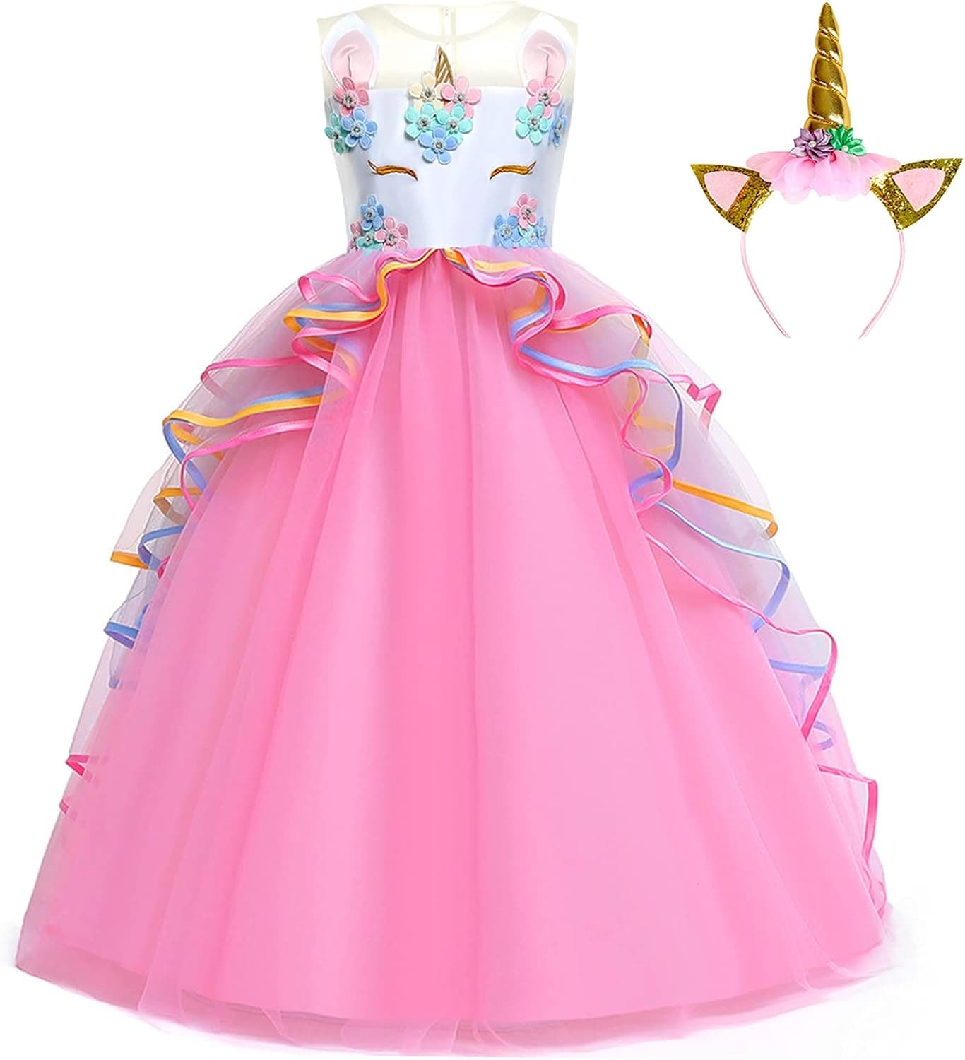 Foierp Princess Unicorn Dress for Girls - Unicorn Costume with Headband Birthday Pageant Halloween Party Dresses Up 3-12Y