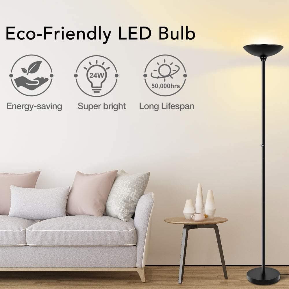 Floor Lamp - Torchiere Floor Lamp, 24W Dimmable Floor Lamp, 2160 Lumens, 3000K Warm White, Energy-saving, Metal Material, LED Floor lamp for Living Room, Standing Lamps for Bedrooms, Reading & Office
