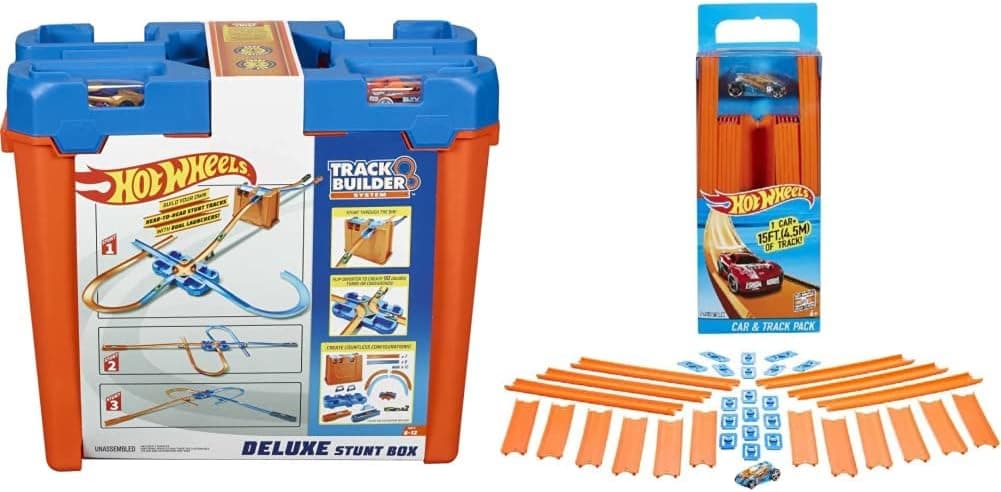 Hot Wheels Track Builder Playset, Deluxe Stunt Box with 25 Component Parts & 1:64 Scale Toy Car [Amazon Exclusive] and Track Builder Straight Track Set, 37 Component Parts & 1:64 Scale Toy Car