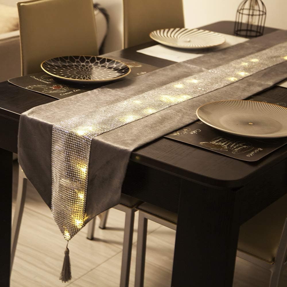 13 x 71.7inch Damask Table runner With 20 LED Lights, Tassel Diamante Table Cloth Rhinestone Table Mat String Lights Table Cover for Birthday Party, Dinning Room, Wedding Reception Decor-Silver