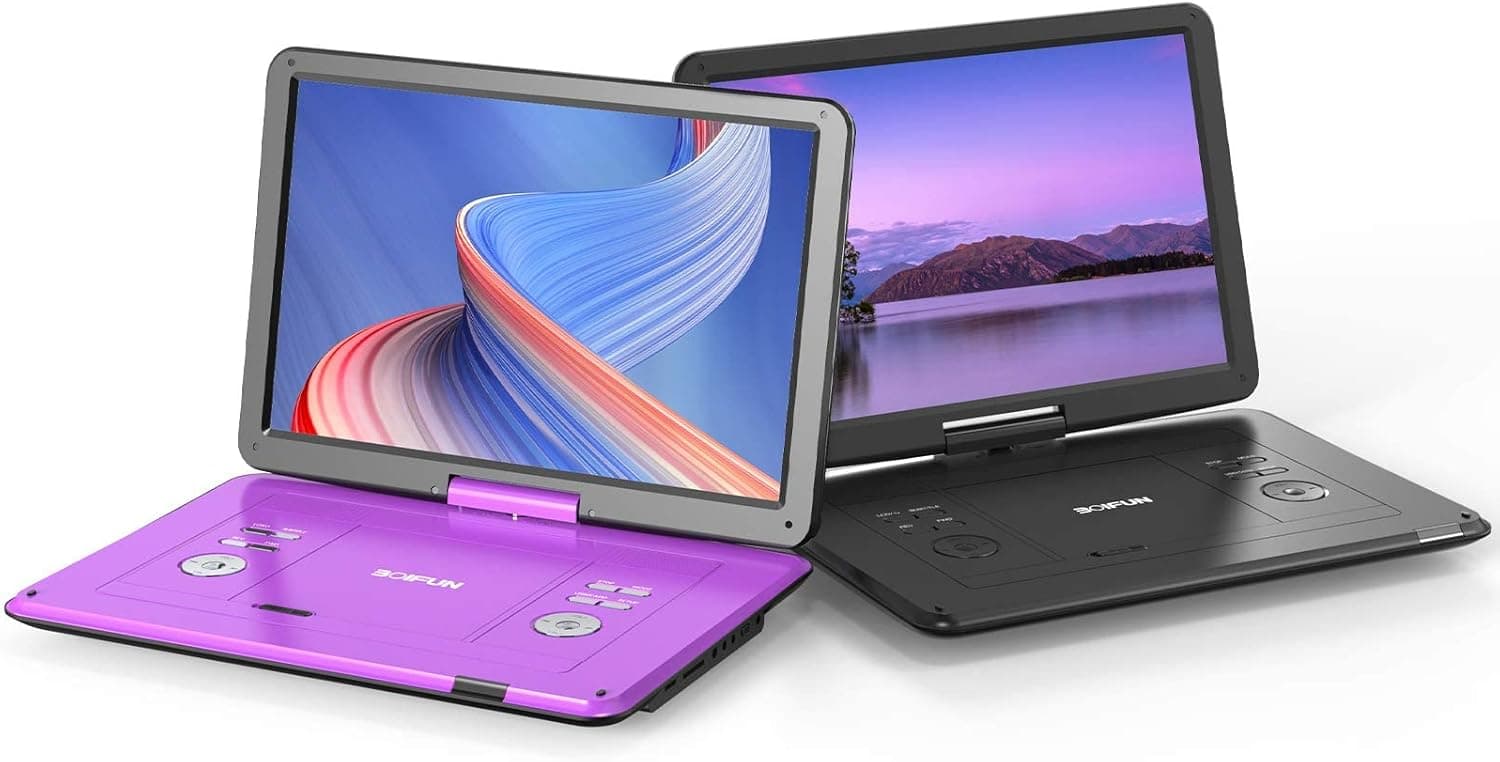 17.5" Portable DVD Player with 15.6" Large HD Screen, 6 Hours Rechargeable Battery, Support USB/SD Card/Sync TV and Multiple Disc Formats, High Volume Speaker,Black+ Purple