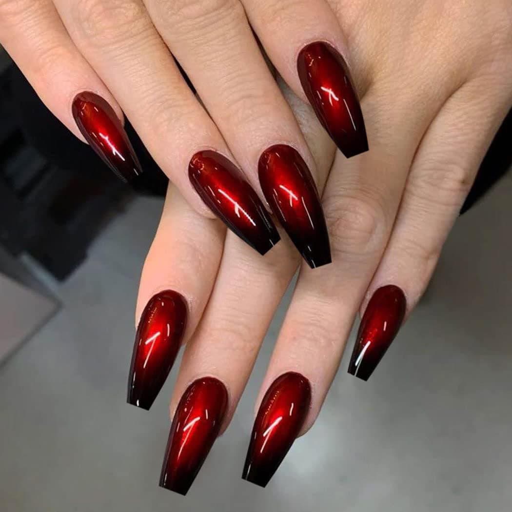 Obmyec Long Press Nail Red Coffin Fake Nail Ombre Glossy False Nails Gradient Ballerina Artificial Nail Flat Top Extension Full Cover Nails for Women and Girls(24Pcs)