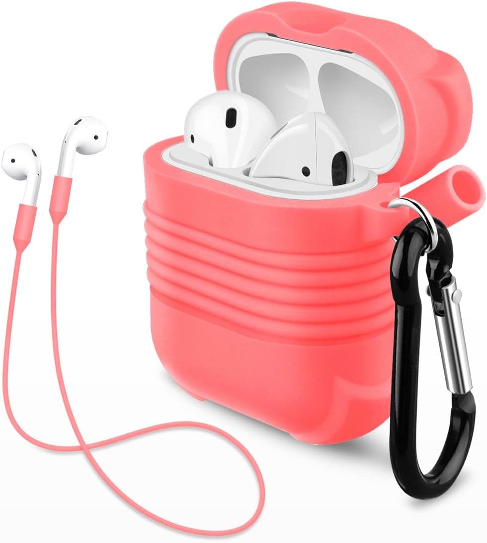 Kutop Compatible for AirPods Case, Soft Silicone Protective Cover Shock Proof Dust/Dirt Proof Skin with Sport Strap Anti-Lost Detachable Carabiner Keychain for AirPods Charging Case,Pink