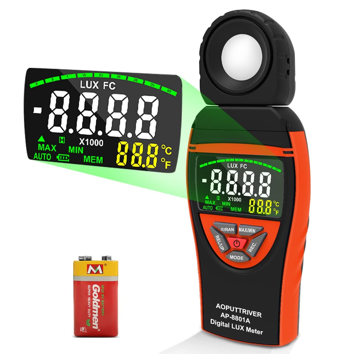 Digital Light Meters AP-8801A Lights Meter for Plants with 0.1~400,000 Lux Colorful Screen Light Meter Photography Meter with Temperature, Data Hold, Max/Min, Data Storage, Lux/FC Units