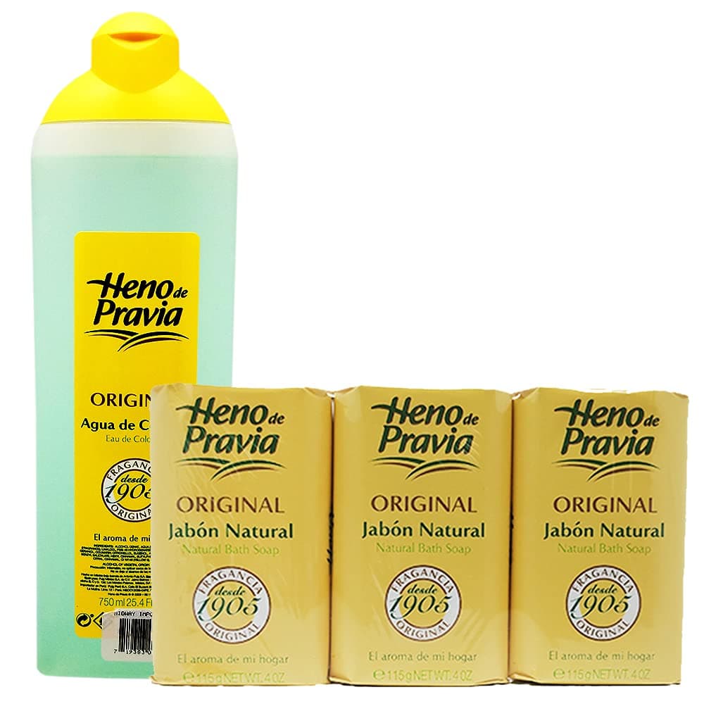 Heno de Pravia Original Agua De Colonia 25.6 oz & Original Jabon Natural Bath Soap 4oz (Set of 3)"Combo"