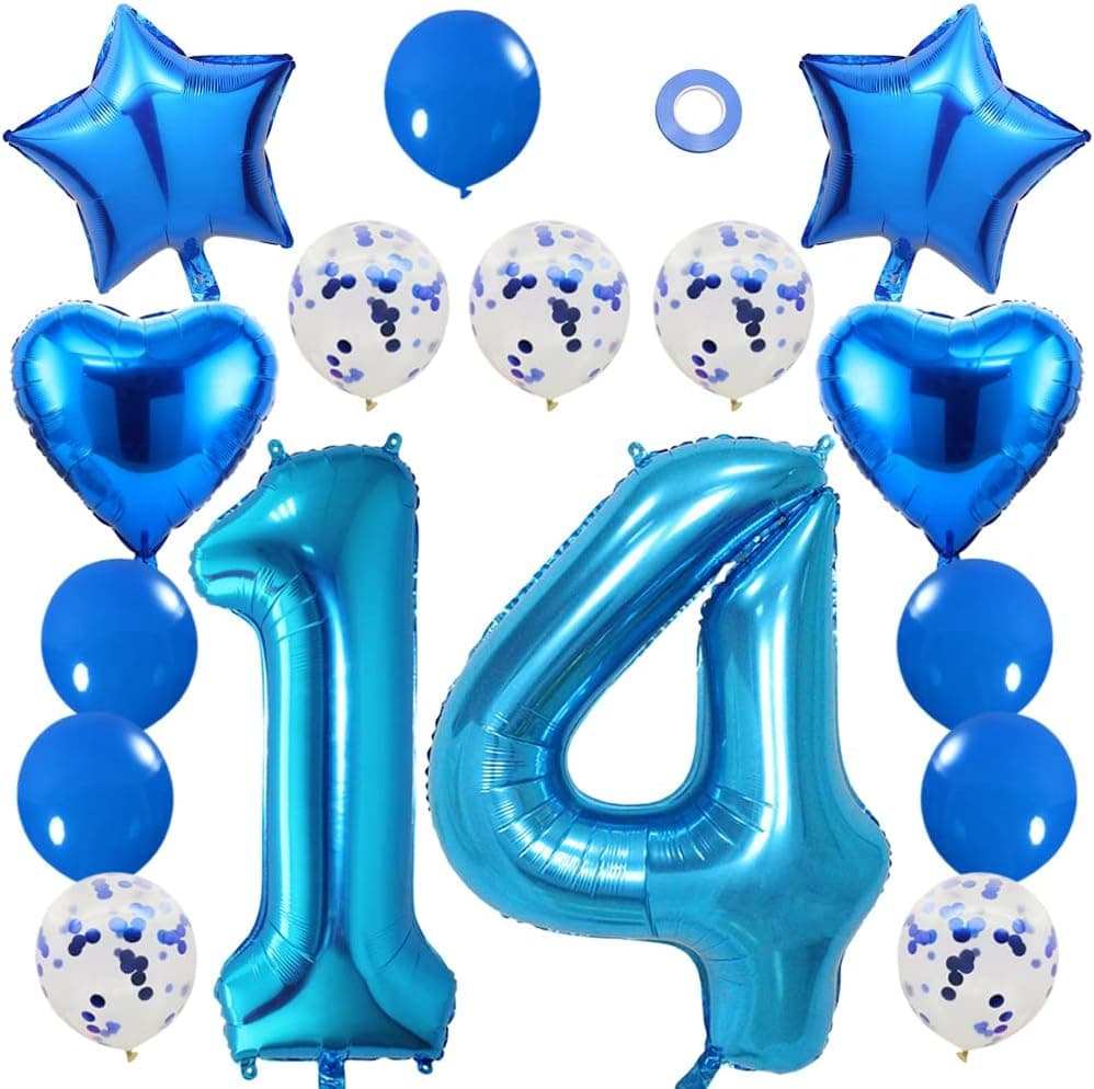 Ceqiny 40" 14th Number Balloon Mylar Balloon 18” Star Heart Foil Balloon 12” Sequins Latex Balloon for Birthday Party Wedding Bridal Shower Photo Shoot Anniversary Decor, Blue 14 Balloon Kit