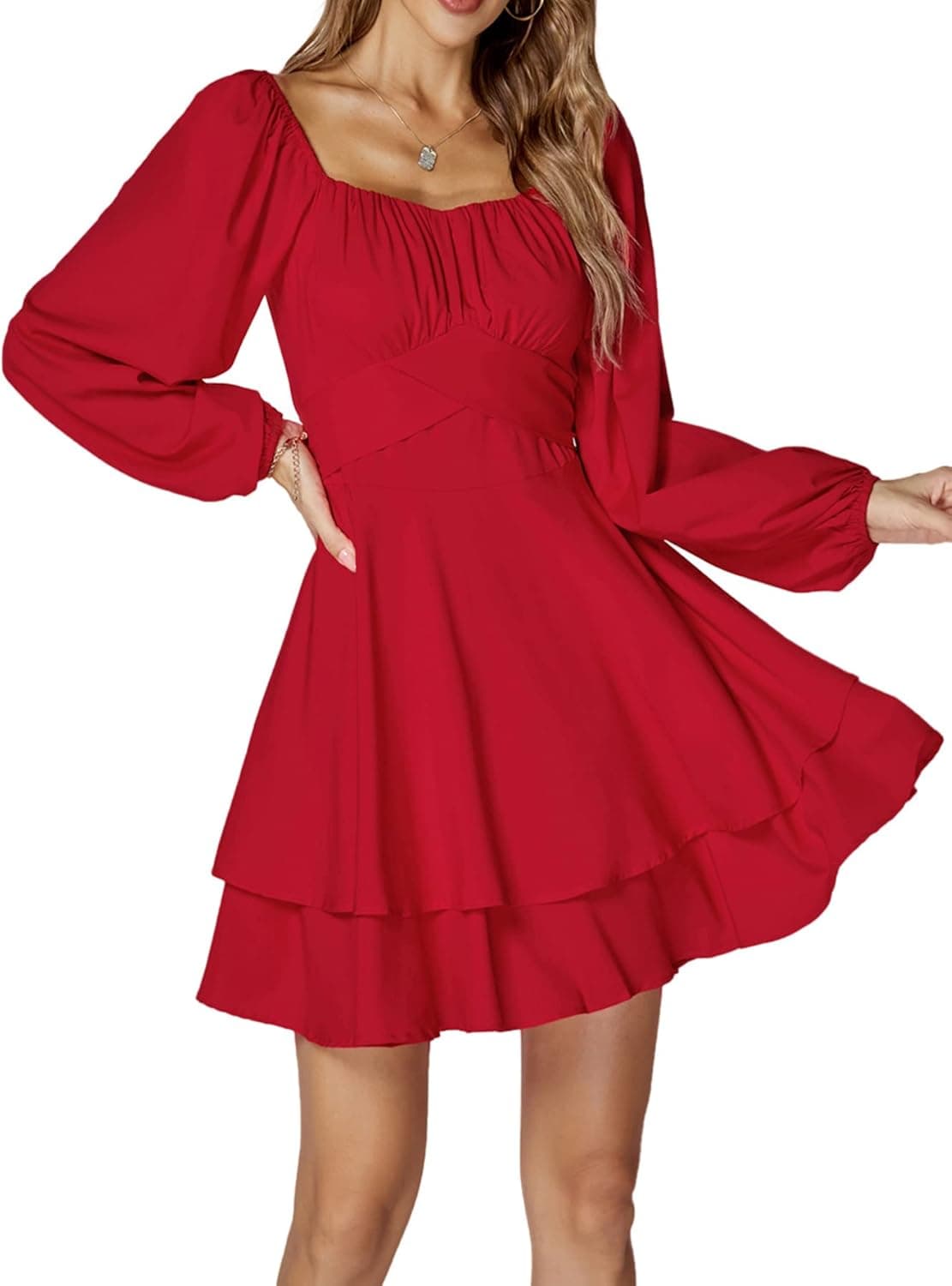 LYANER Women’s Lantern Long Sleeve Wrap Tie Back Square Neck Double Layer Ruffle Hem A Line Short Mini Dress