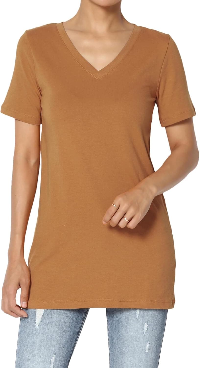 Women's Basic Cotton Span V-Neck Relxed Slim Fit Tee Tunic Length T-Shirt